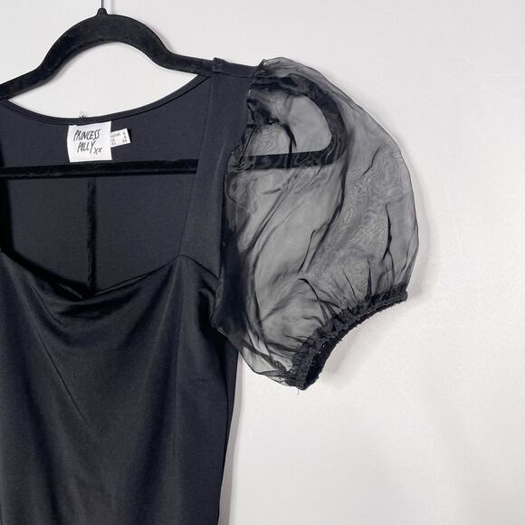 Princess Polly Size 2 Black Puff Sleeve Bodysuit Square Neckline Sheer Stretch - Picture 3 of 12